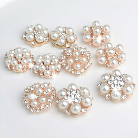 10x Mixed Crystal Pearl Flower Button Embellishment for Jewelry Making DIY 
